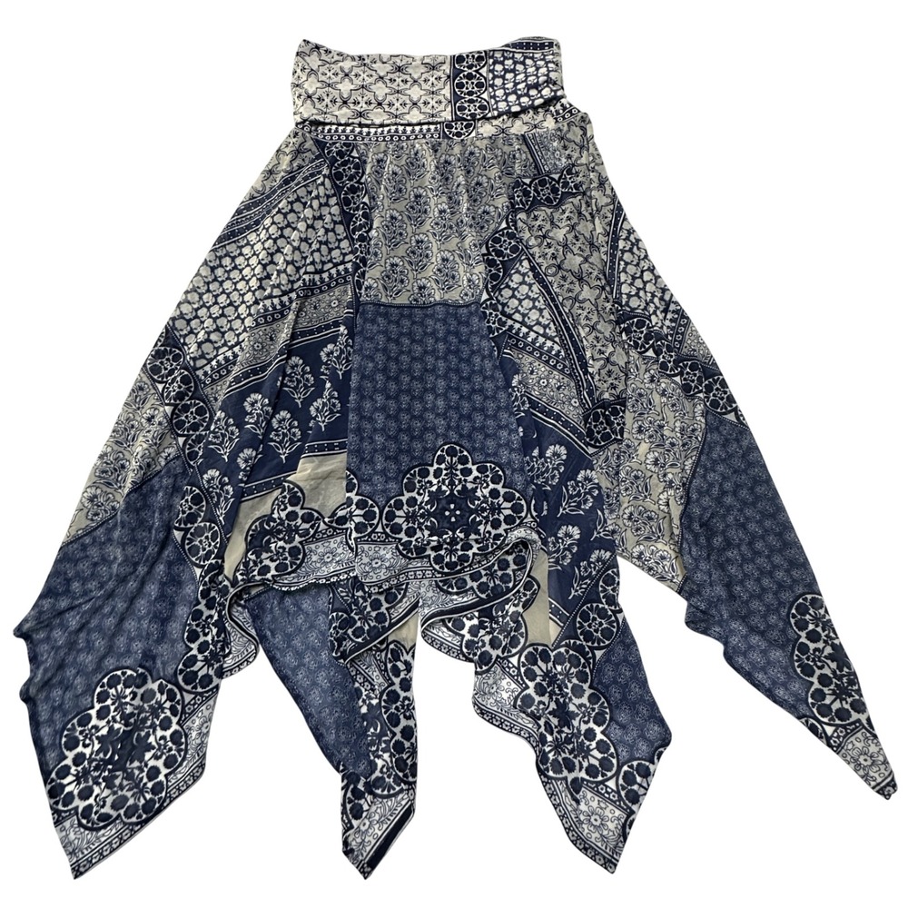 INC Patchwork Handkerchief Skirt PS Foldover Waist Blue Boho Fairycore Coasta - Picture 2 of 9